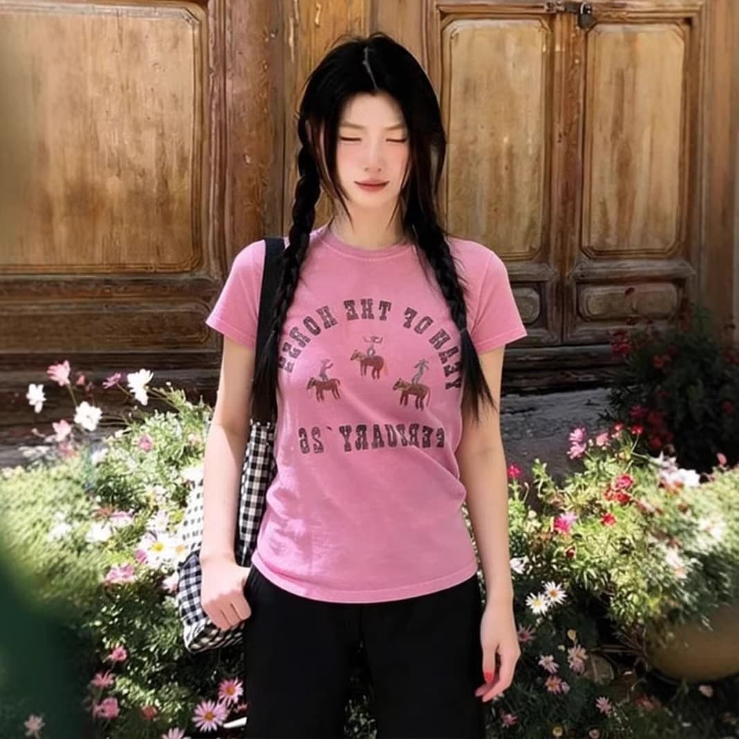 Dopamine Rose Pink Letter Print Regular Shoulder Short Sleeve T-Shirt Women's Summer Slim Fit Sweet and Spicy Short Top