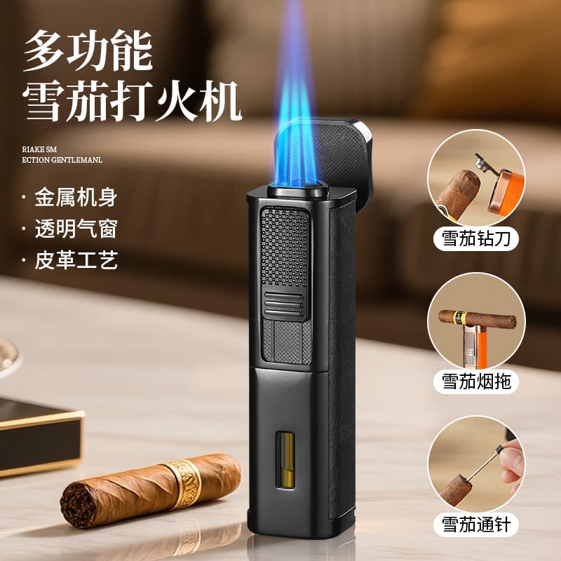 New 4-in-1 Leather Three-Head Straight-Through Blue Flame Lighter Cigar Lighter Straight-Through Creative Stylish Cross-Border
