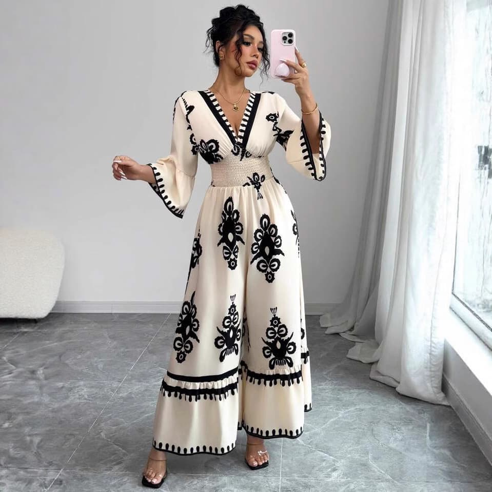 Bohemian Print V-Neck Long Sleeve Smocked Waist Wide Leg Jumpsuit - Amazon Hot Product for EU/US Cross-Border