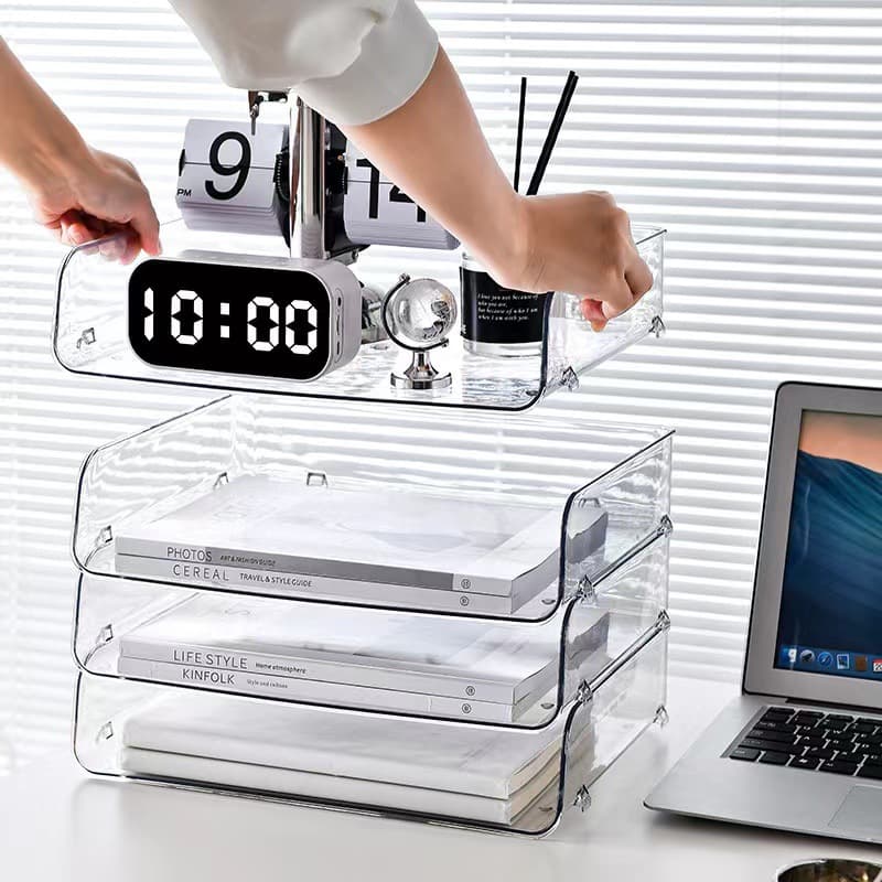 Clear Desktop Square Bookshelf Book Organizer Storage Rack Office Acrylic A4 Paper Four-Compartment Box