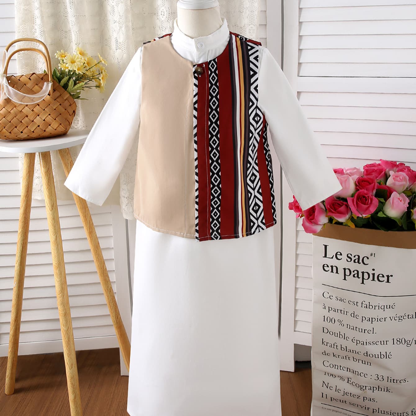 European-American Cross-Border Bestseller Kids Embroidered Vest Robe Set, Ethnic Style Boys Outfit