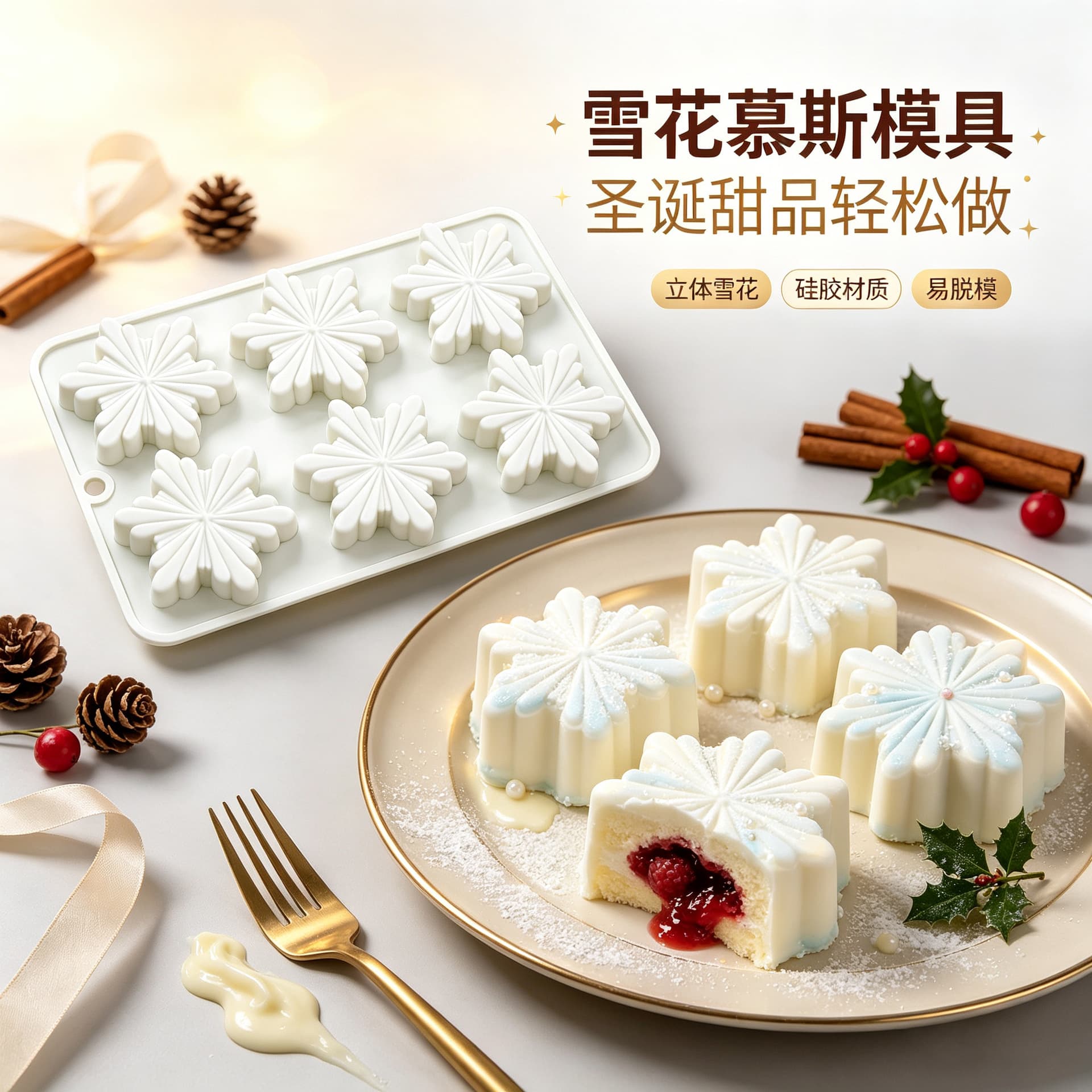 New Cross-border 6-Cell Christmas Snowflake Mousse Mold Cake Decorating Silicone Mold Chocolate Dessert Jelly Baking