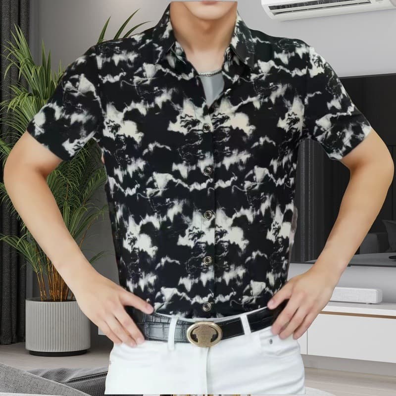 European-Style Summer Men's Ice Silk Short-Sleeve New Shirt, Casual Trendy Fashion Shirt, Slim Fit, Printed, Stylish, Lightweight