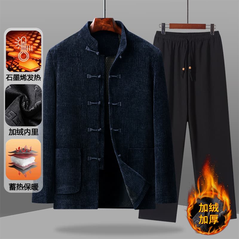 Tang suit jacket for men, winter elderly birthday celebration attire, thick cotton coat + pants two-piece set