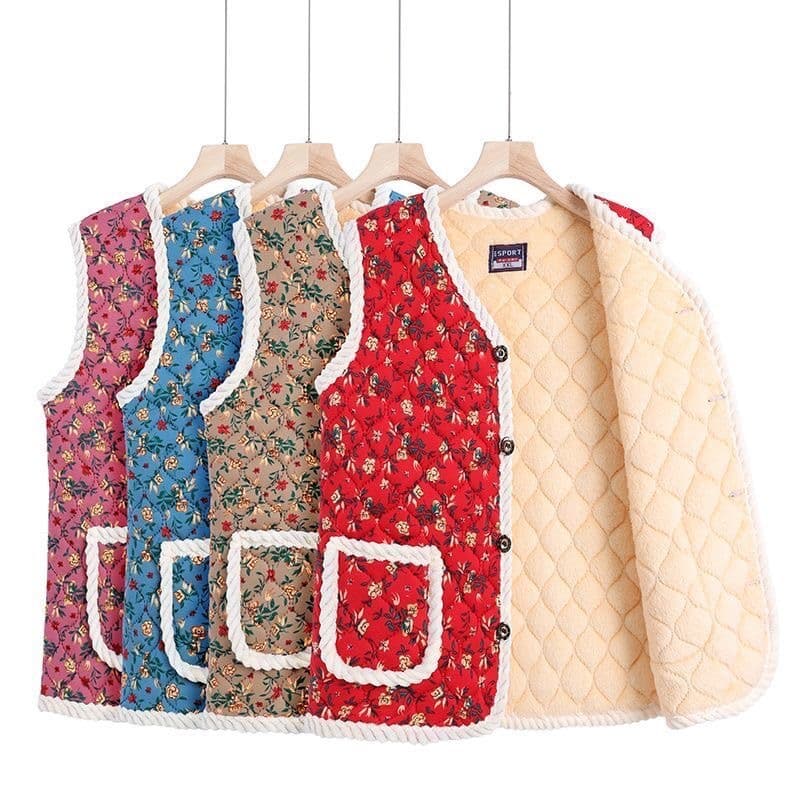 Autumn and winter women's vest, fleece-lined and thickened cotton vest, warm mother's outfit waistcoat, Chinese-style outerwear floral sleeveless top.