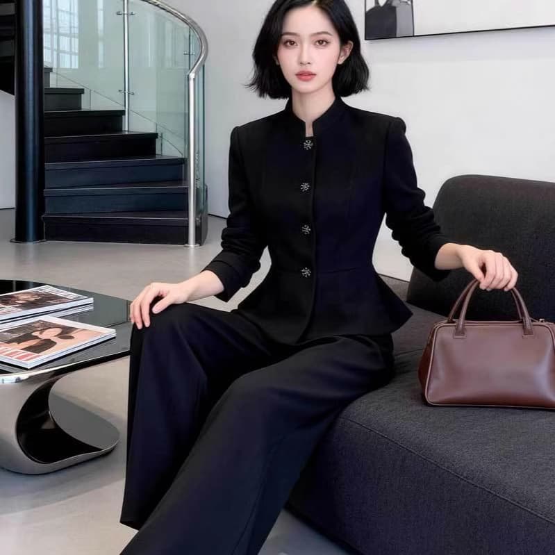 【2601】New Plus Size Women's Slimming Wide-Leg Pants Two-Piece Set Chinese Style Suit for Curvy Ladies