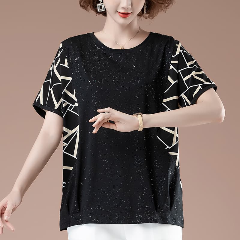 Women's Short Sleeve T-Shirt Summer Plus Size Loose Western Style All-Match Black Chiffon Slimming T-Shirt 9562