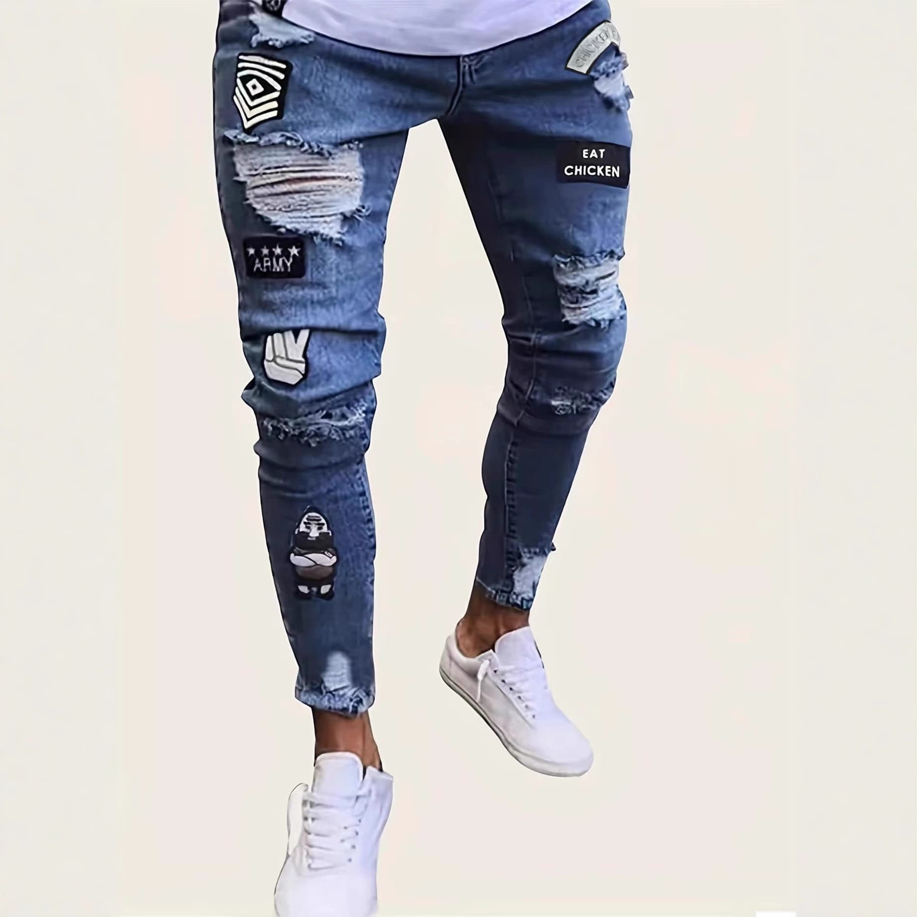 Cross-border new style embroidered ripped jeans, ripped knees, zipper, small pants, foreign trade, large size denim trousers wish