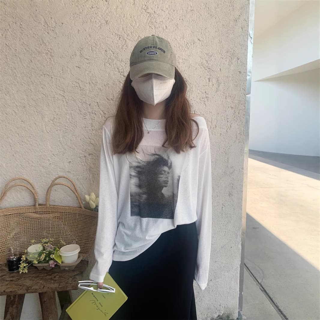 Hangzhou Women's Vintage Portrait One-Shoulder Long-Sleeve Sun Protection T-Shirt 2025 Summer Loose Fit Slimming Top