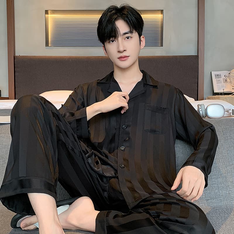 Men's Ice Silk Long Sleeve Pajama Set 2026 New Spring and Autumn Plus Size Loose Thin Style