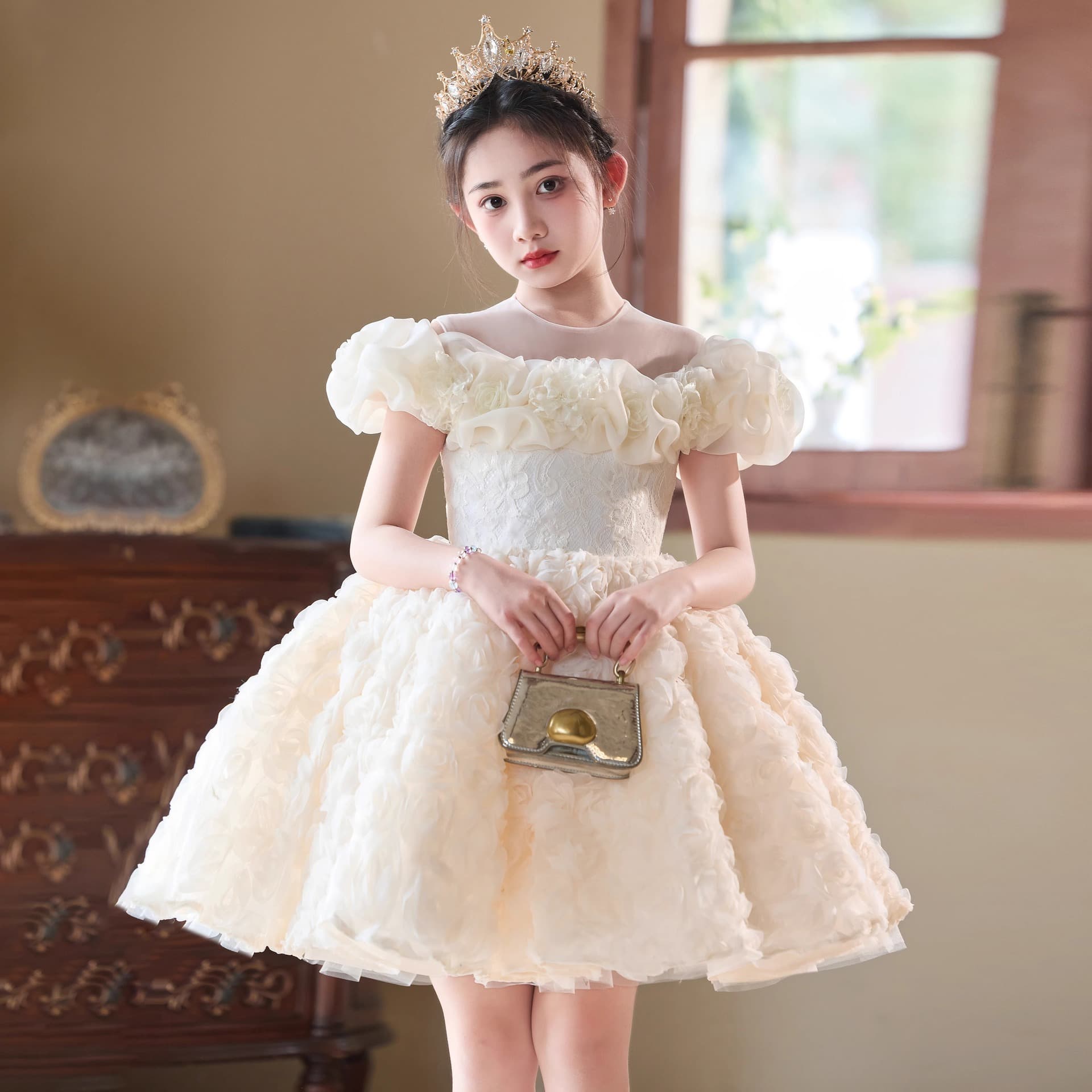 Girls' High-End Luxury Dress, Unique Child Host Piano Performance, Beautiful Birthday Princess Short Dress