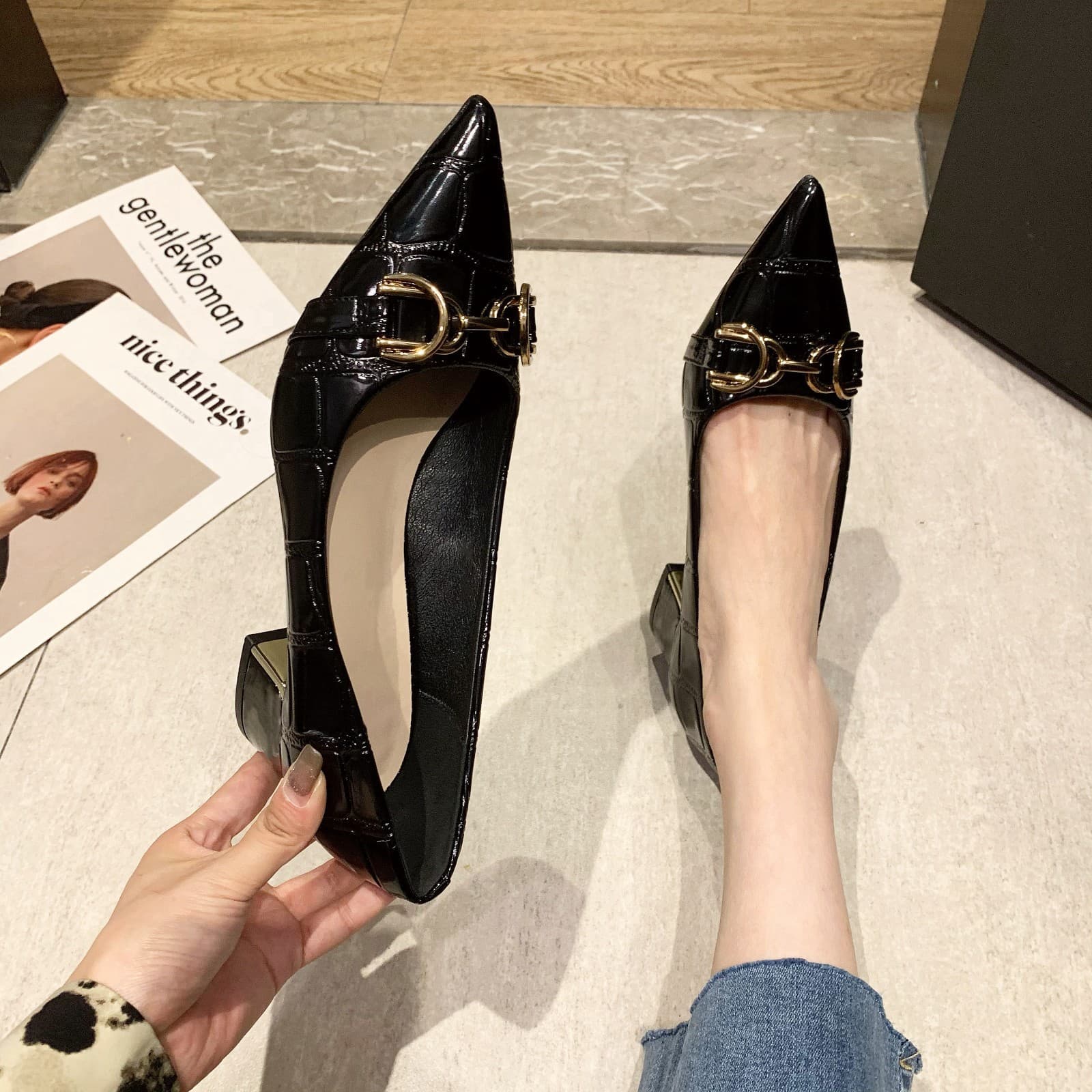Women's Chunky Heel Shoes 2026 Fall New Pointed Toe Low Heel Soft Sole Comfortable Work Shoes Black