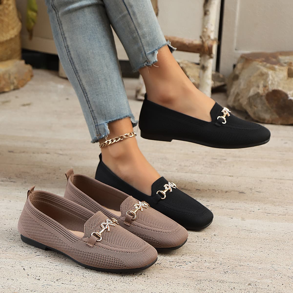 2025 New Style Large Size Knitted Flat Shoes for Women Low Heel Metal Buckle Square Toe Women's Shoes Mother Shoes Trendy Wholesale