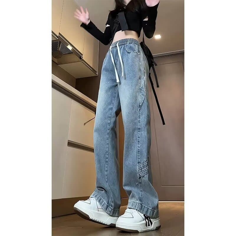 Men's Jeans Spring American Retro Streetwear Washed Patchwork Straight Leg Pants Trendy Loose Wide Leg Cargo Pants