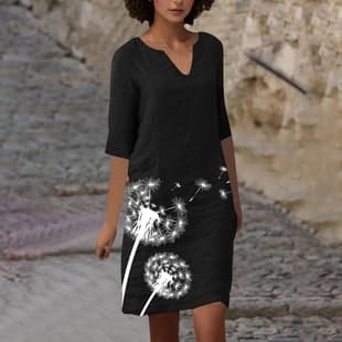 2024 Amazon AliExpress Summer New Fashion U-Neck Solid Color Heat Transfer Print Mid-Length Dress Women