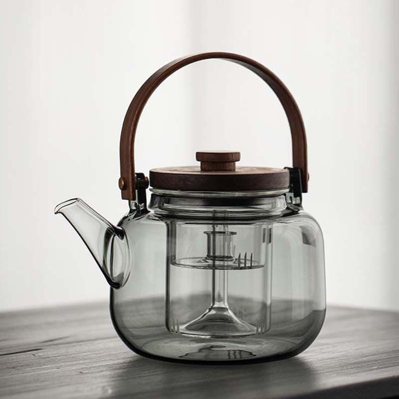 Walnut wood and glass steaming/brewing teapot with handle, dual-use for steaming and brewing, Japanese style, can be heated over open flame or electric stove.