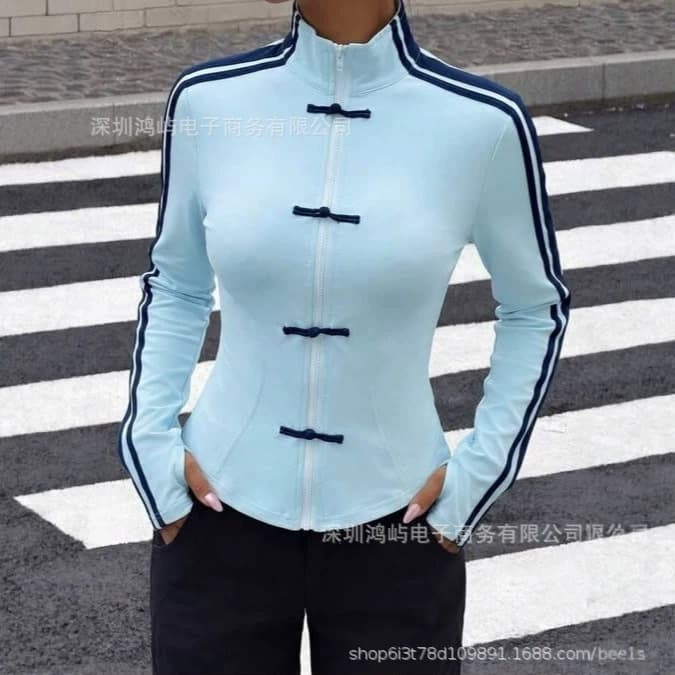 Summer Slim Fit Striped Knot Cardigan New Chinese Style Long Sleeve High Neck Hoodie