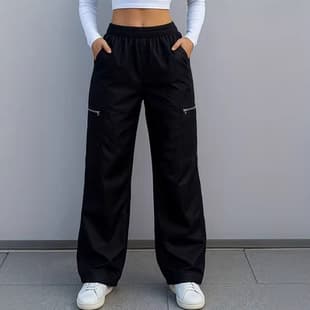 Trendy Women's Pants Cross-Border Fashion Cargo Pants with Zipper Pockets Loose Straight Leg Pants Floor-Length Pants
