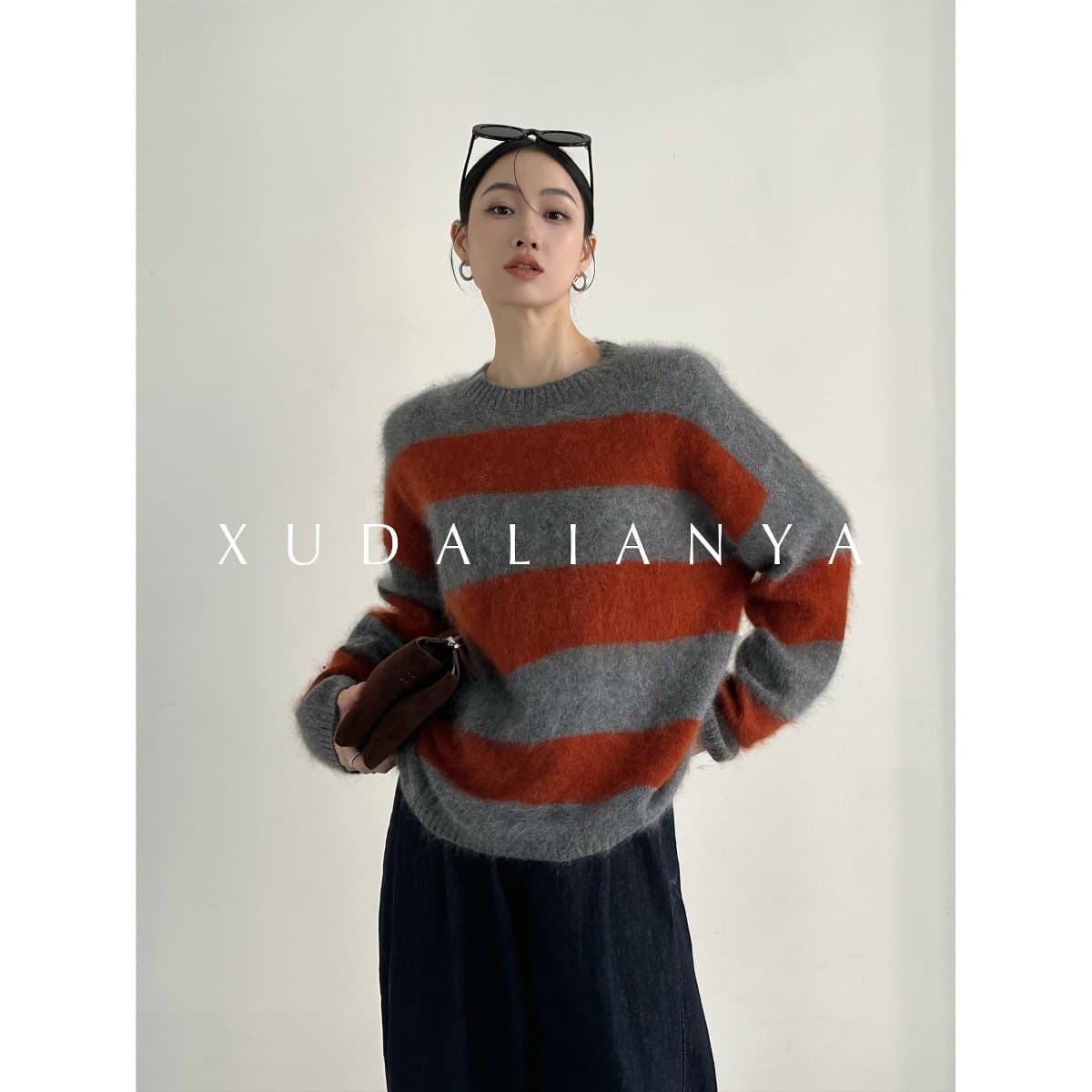 Wool fluffy brushed knit sweater, autumn and winter loose striped sweater for women
