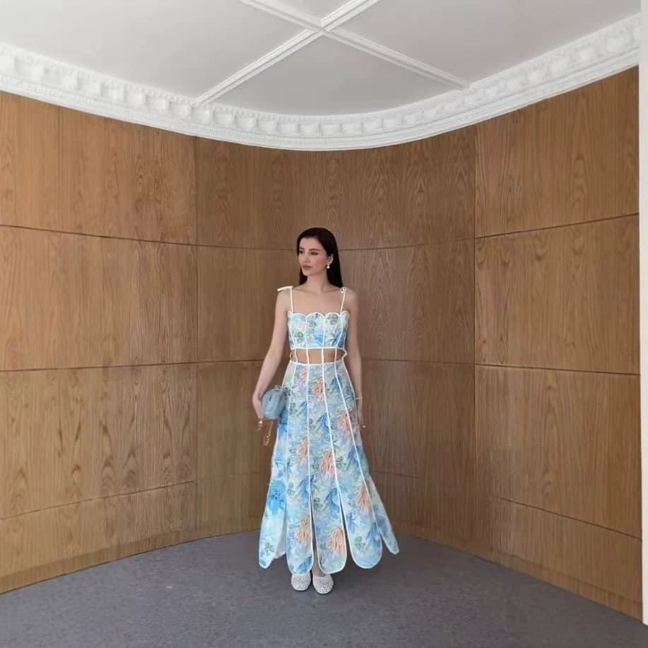 New French Fishbone Print Strapless Tube Top Fitted Waist-Exposed Long Dress for Amazon EU & US Cross-Border Trade