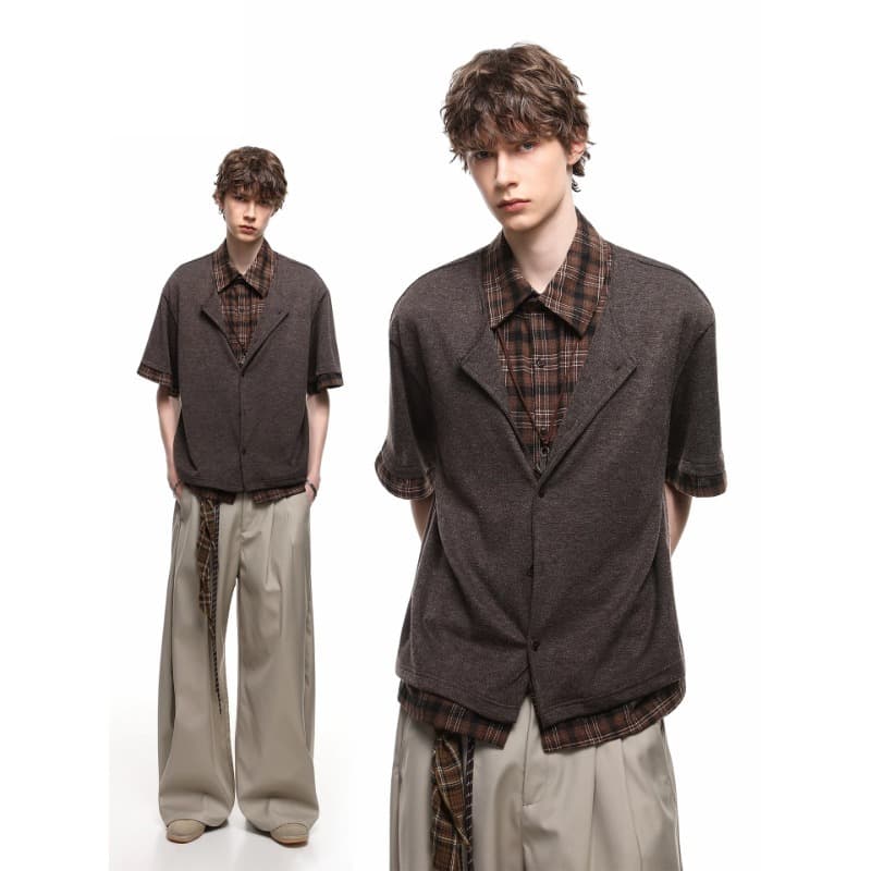 TREND ST Summer Fake Two-Layer Plaid Patchwork Old Money Style Short Sleeve Shirt for Men, American Casual Loose Shirt