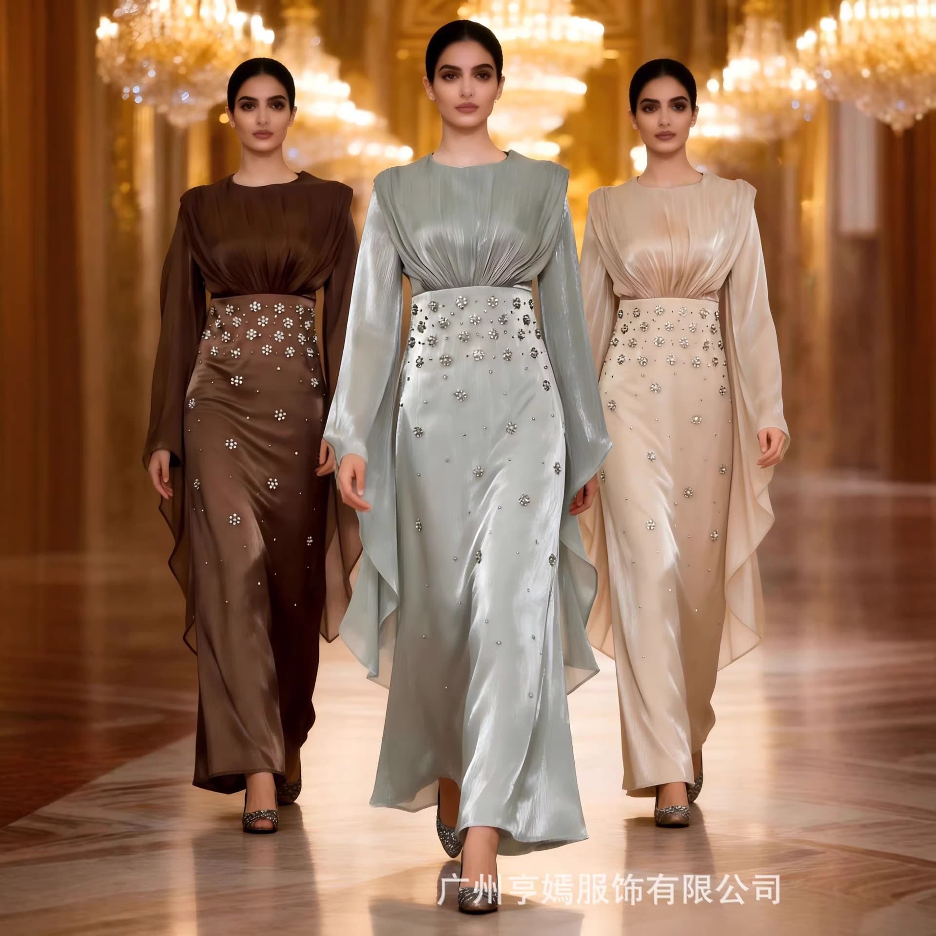 Heavy Craftsmanship Rhinestone Belted Flared Sleeve Long Dress in Flowing Satin, Southeast Asian Light Luxury Women's Dress