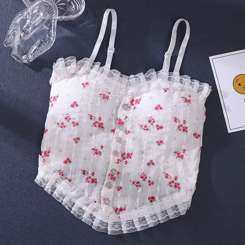 Cross-border e-commerce hot-selling floral lace backless camisole for women, summer thin style with bra pads, versatile short style, suitable for wearing outside.