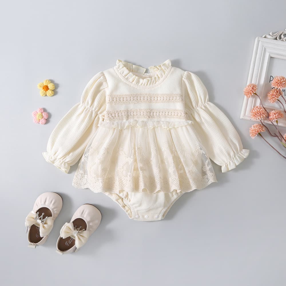 Korean Style Baby Romper for Spring/Autumn, Long Sleeve Lace Round Neck Cute Dress Bodysuit, Versatile Outwear