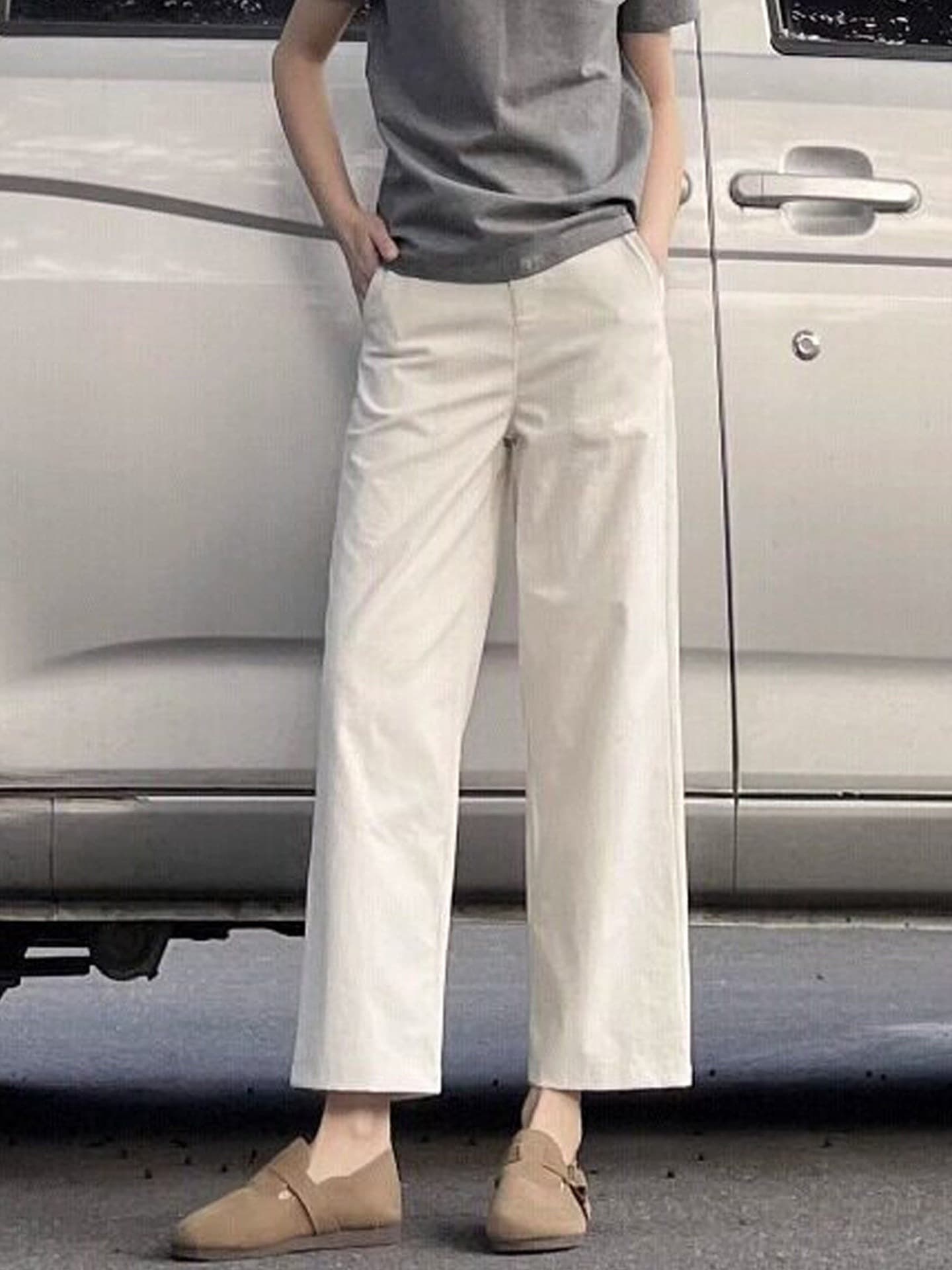 Gray-White Cropped Casual Pants for Women, Summer New Style, Plus Size, Petite, High-Waisted, Slimming, Versatile, Narrow Straight-Leg Pants