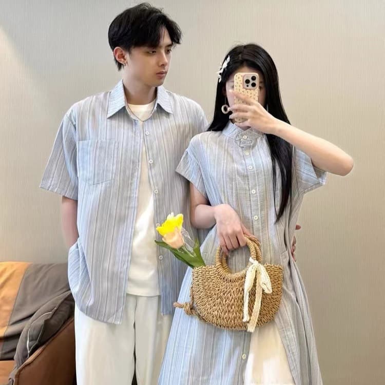 Couple Matching Summer Outfit - Striped Men's Short-Sleeve Shirt and Women's Long Shirt + Skirt Set