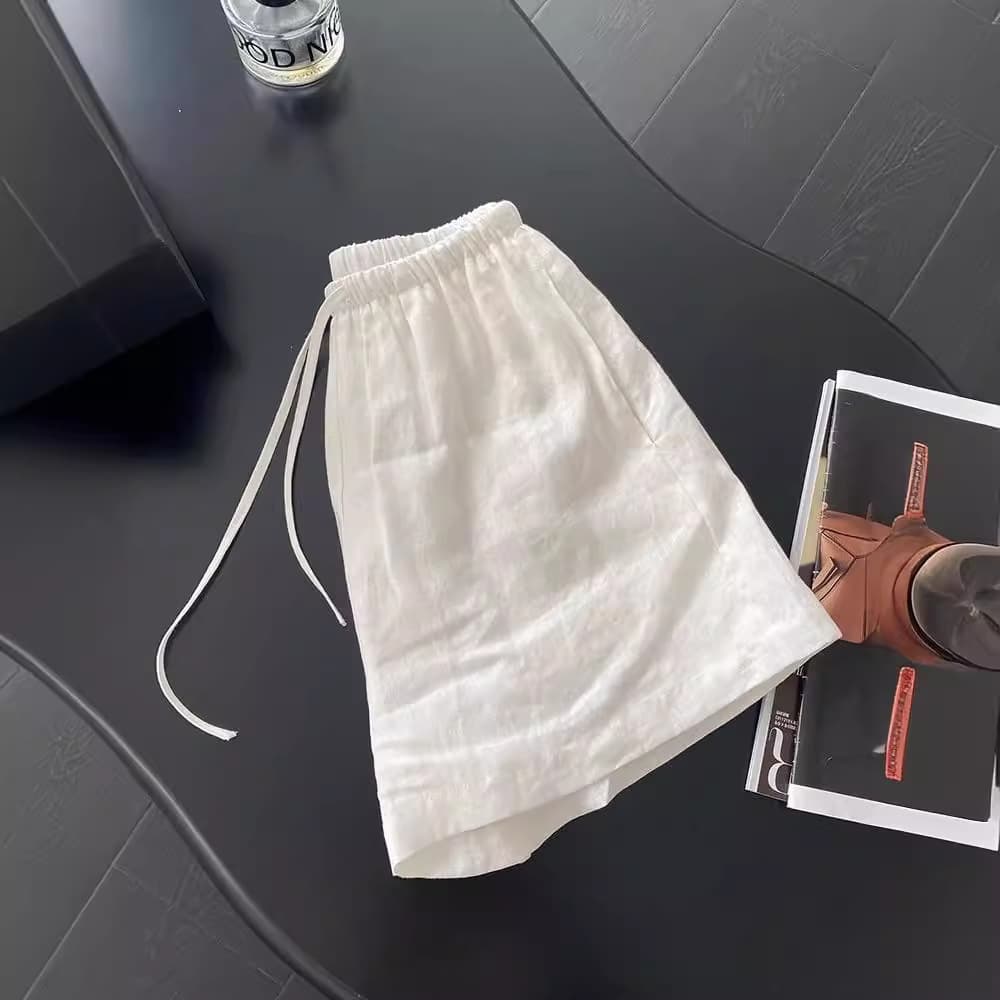 Summer Thin Cotton-Linen Elastic Waist Drawstring Straight Wide-Leg Casual White Loose Simple Shorts for Women, Versatile and Slimming