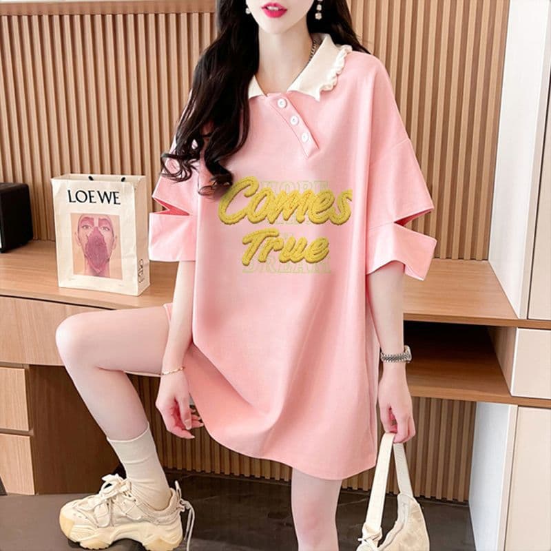 Hole Sleeve Unique Design Cotton 2025 Summer Polo Neck Loose Short Sleeve T-Shirt Women Mid-Length Hip Cover Top