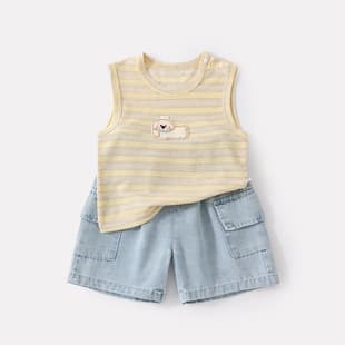 New Summer Striped Cartoon Puppy Vest for Infants and Toddlers, Lightweight Simple Casual Denim Shorts Two-Piece Set