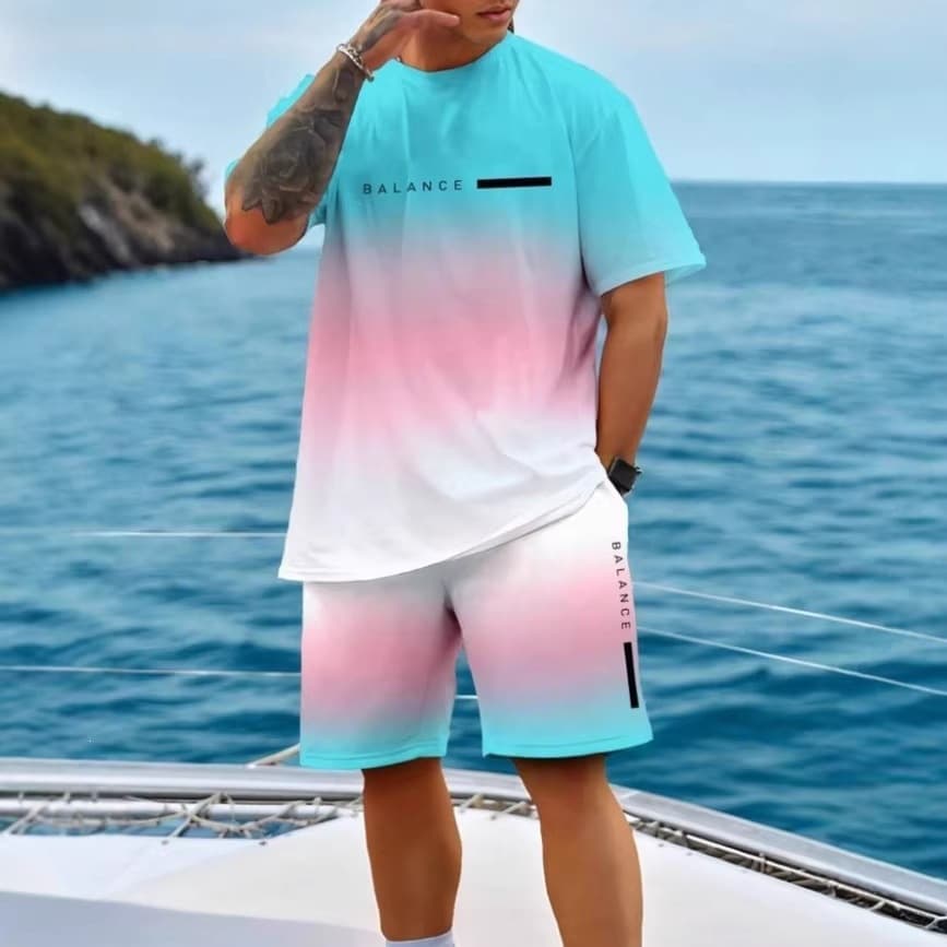 Best-selling Beach Short Sleeve Set for Cross-border EU/US E-commerce, 3D Digital Print T-shirt for Men, Short Sleeve T-shirt Style