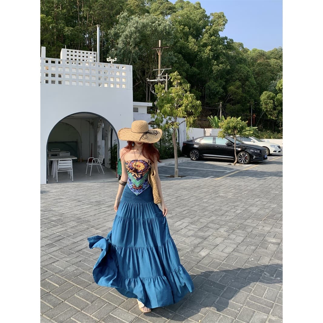 Bohemian Two-Piece Summer Set: Printed Tube Top & Floor-Length Skirt