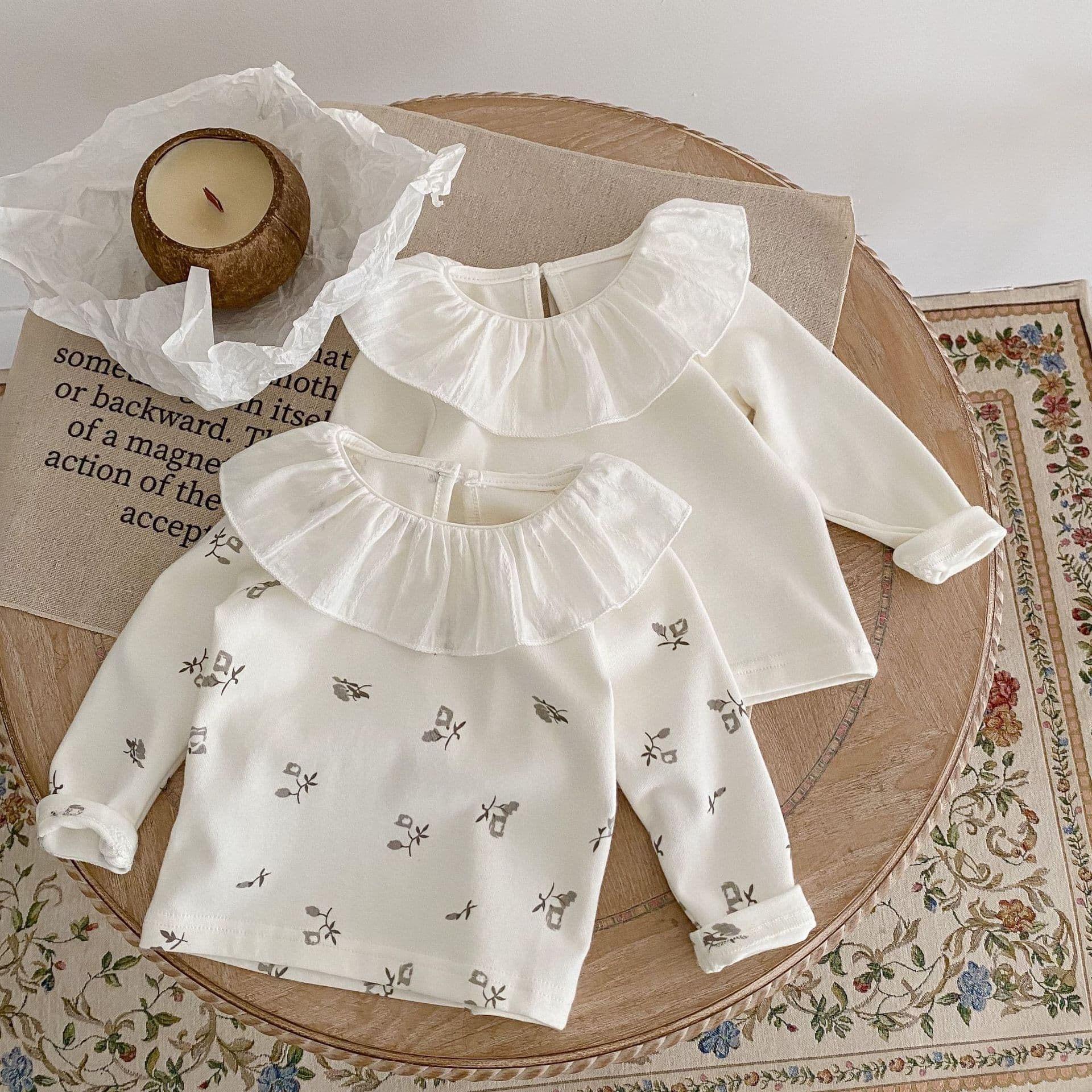 New autumn bottoming shirt tops with flowers for infant girls and toddlers Category A skin-friendly lotus leaf collar long-sleeved printed baby clothes