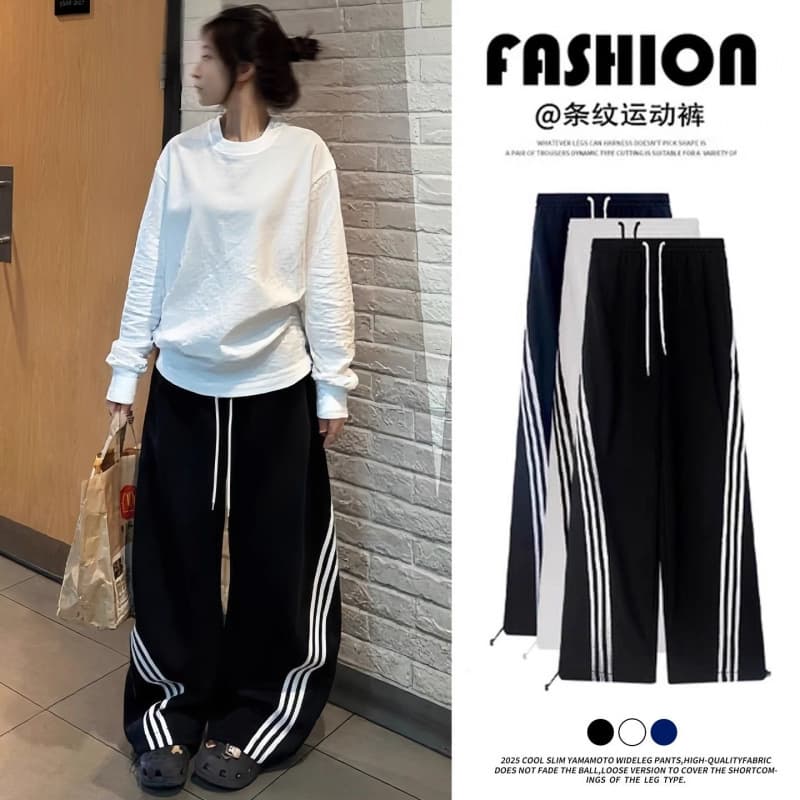 American Retro Diagonal Stripe Wide-Leg Pants for Women 2026 Spring/Autumn New Loose Casual Black American Sport Pants