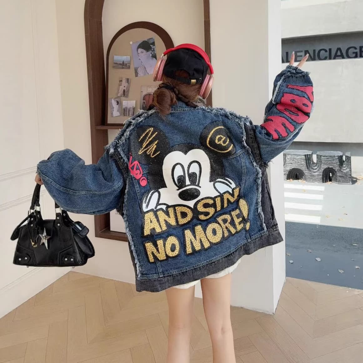 Trendy brand heavy industry black denim jacket for women 2025 new autumn fashionable style loose sequined top Hong Kong style jacket