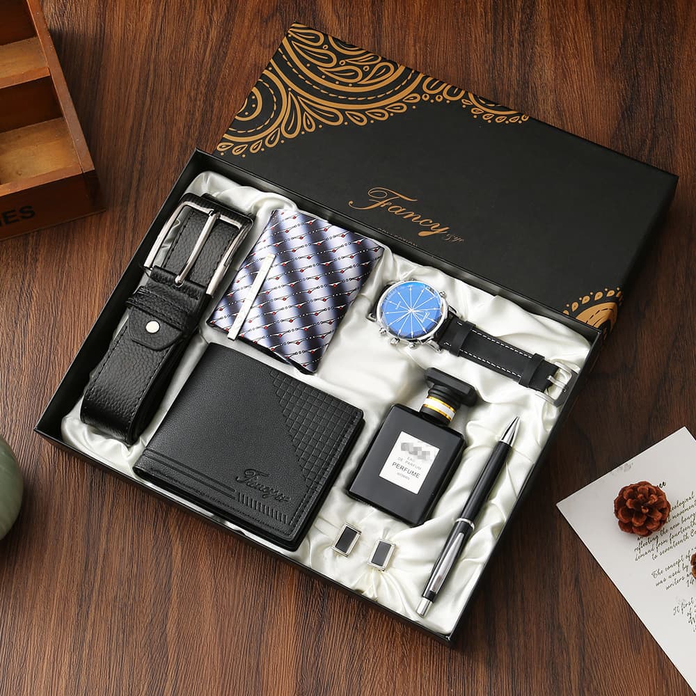 Cross-border gifts souvenir set leather belt wallet perfume keychain pen men's watch Father's Day Valentine's Day