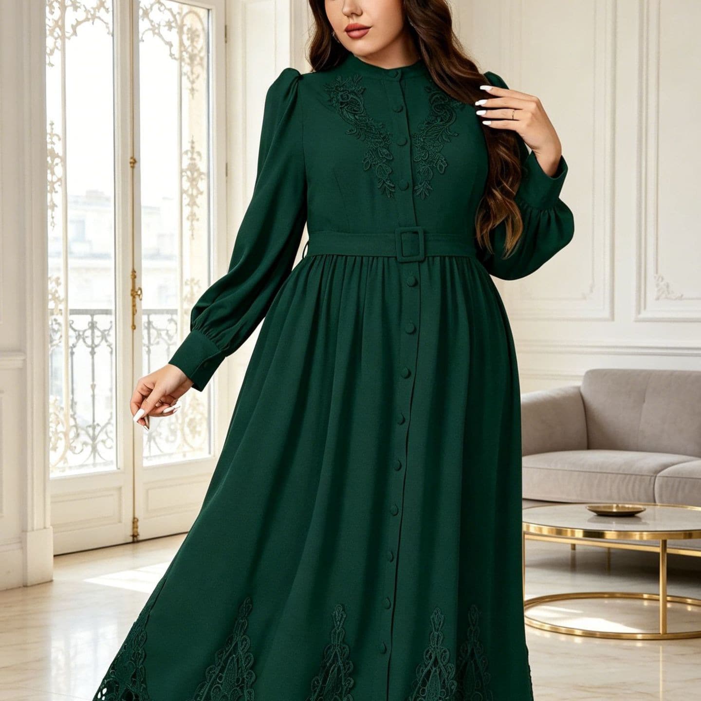 Plus Size Women's French Lace Embroidery Long Dress with Stand Collar, Button Front, Waist Belt, Slimming and Flattering