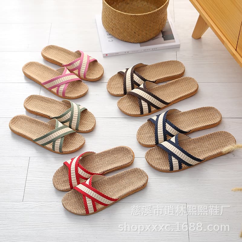 Cross Style Men's Women's Slippers Indoor Home Linen Slippers Floor Wooden Four Seasons Eva Outsole Summer