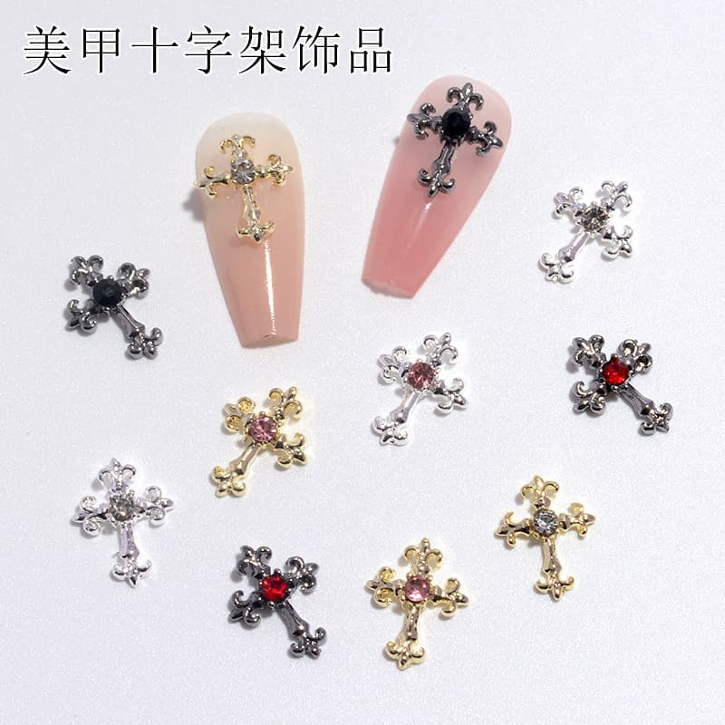 Cross-Border Cross Nail Art Hot Stamping Decoration 3D Metal Gold Silver Gun Black with Rhinestones Minimalist Stud Earrings Nail Decoration