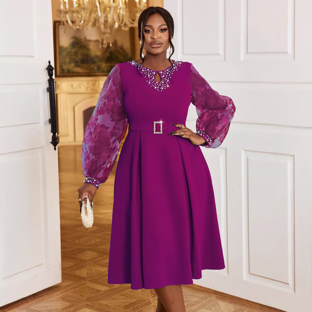 AM040710 Autumn New Lantern Long Sleeve Elegant Dress Party Beaded High Waist A-Line Dresses