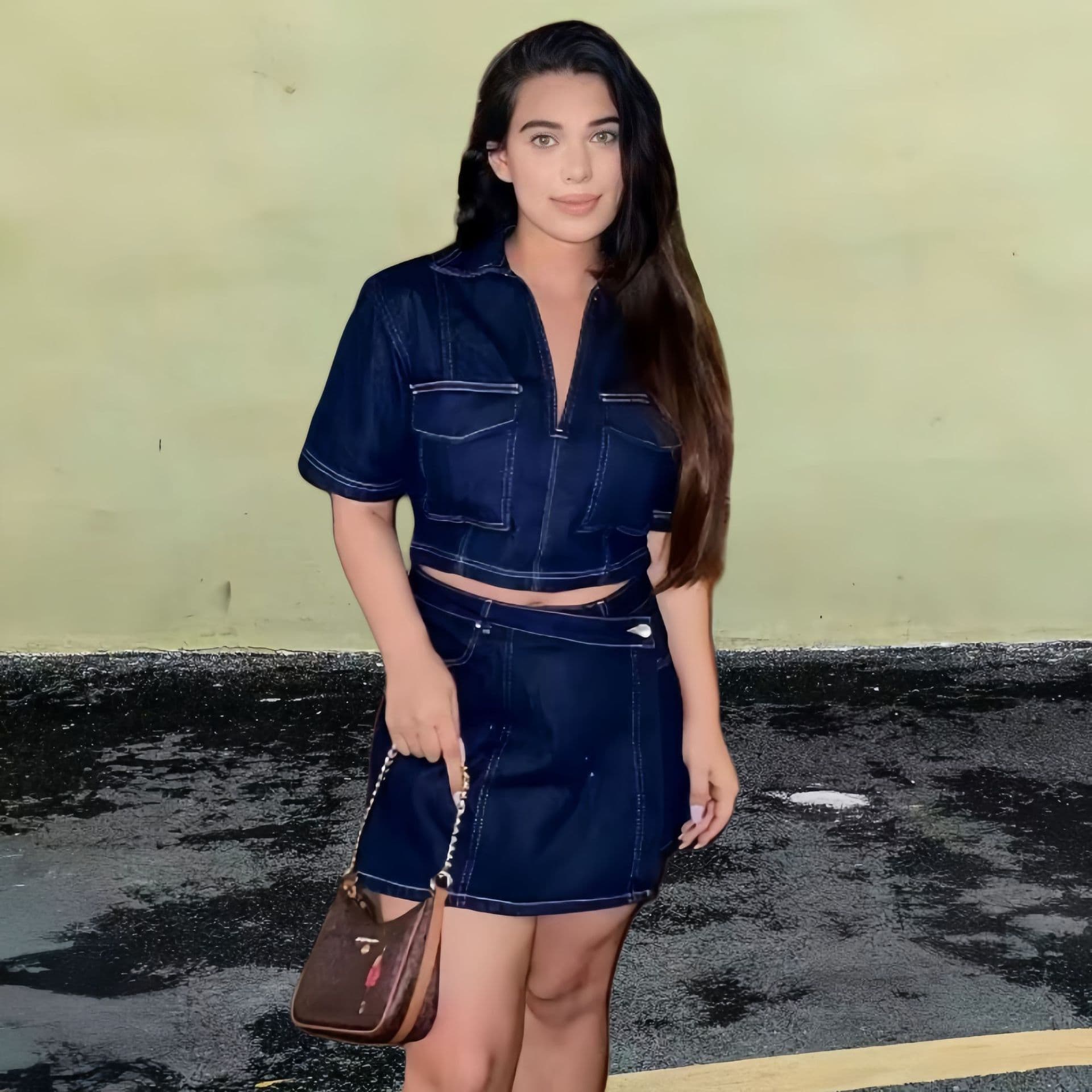2024 Summer V-Neck Short Sleeves Top Women's Spicy Girl High-Waisted Work Denim Suits Skort Women's