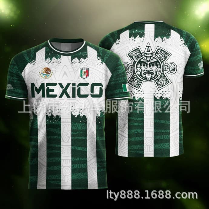 Plus-Size Mexico Team Style Fan Jersey Aztec Print Green and White Sports T-Shirt Cross-Border
