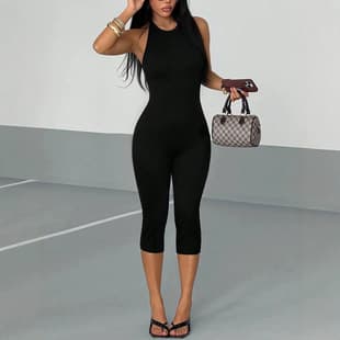 Cross-Border European and American 2026 New Women's Sexy Backless Halter Neck Sleeveless Deep V-Neck Fitted Seven-Point Jumpsuit Fashion