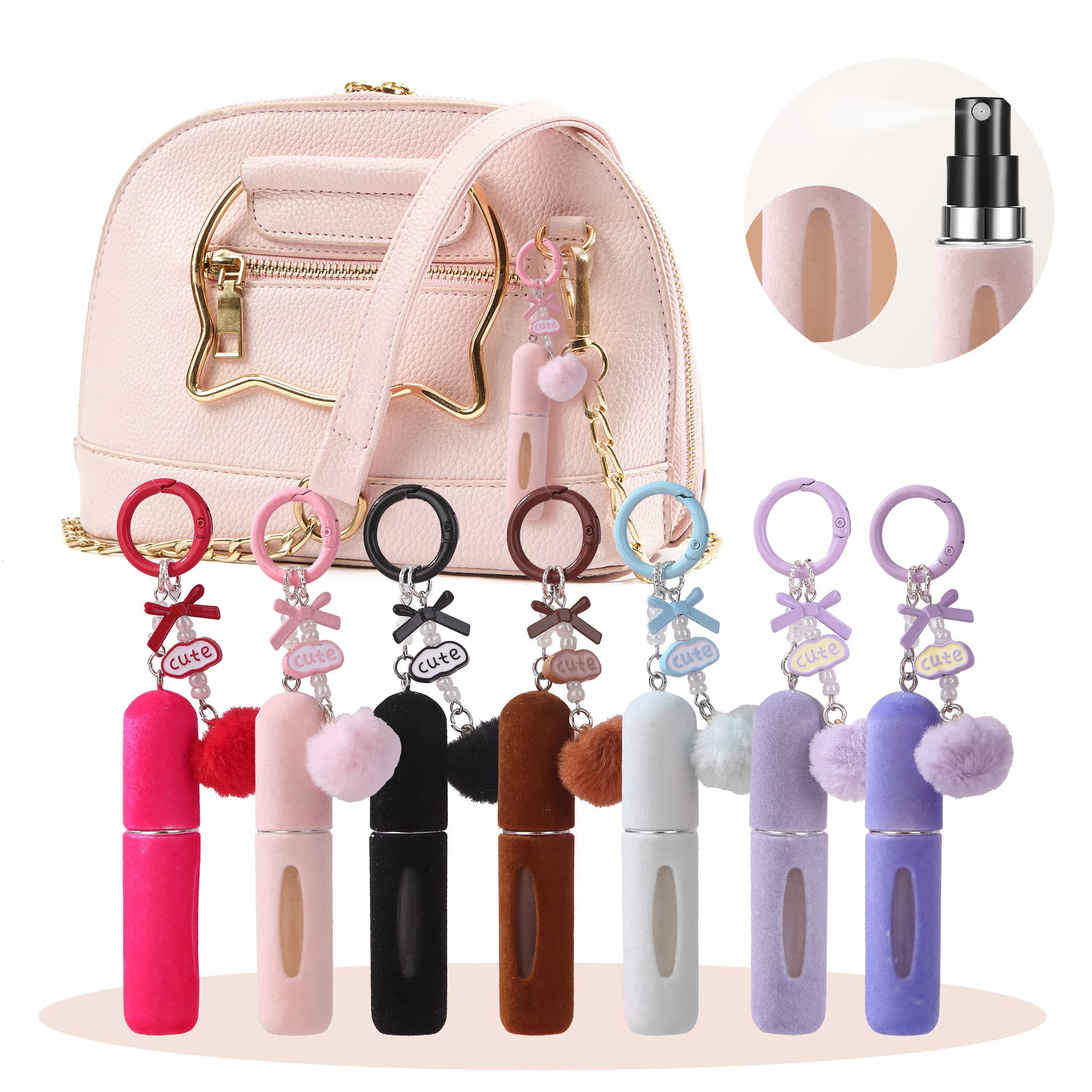 New popular plush bag hanging perfume bottle girly keychain 5ML perfume bottle portable travel base charger