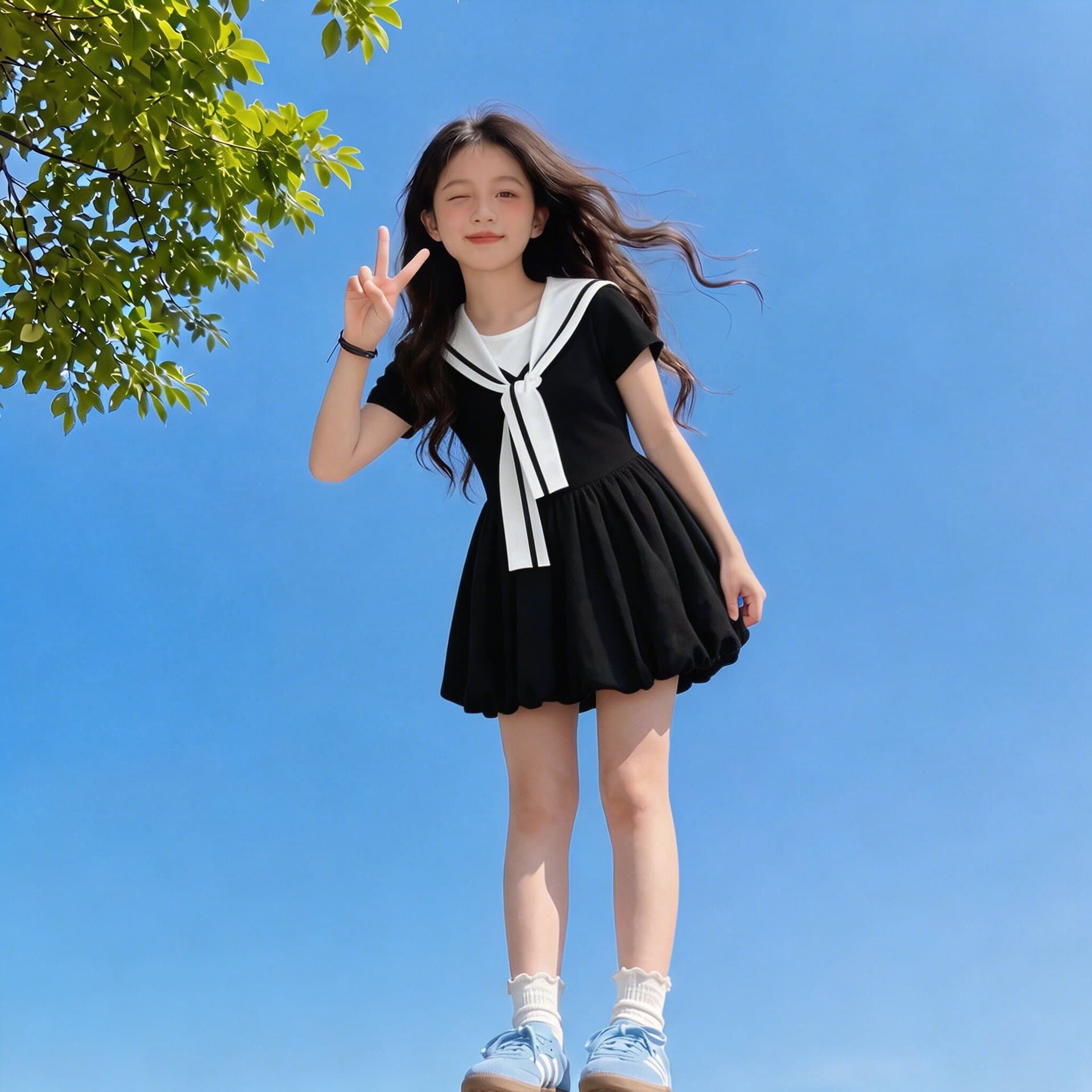 Black Dress 2026 New Summer Teen Girls Sailor Collar Short Sleeve Bubble Skirt Korean Sweet Cool Fashion
