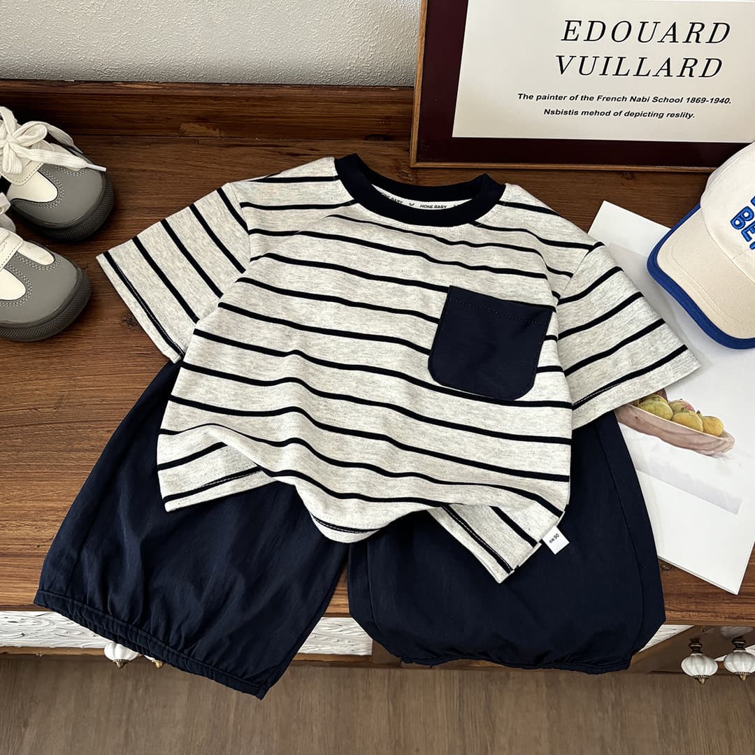 Children's short-sleeved suit boy's striped cotton top girl's summer casual shorts baby Korean style new T-shirt