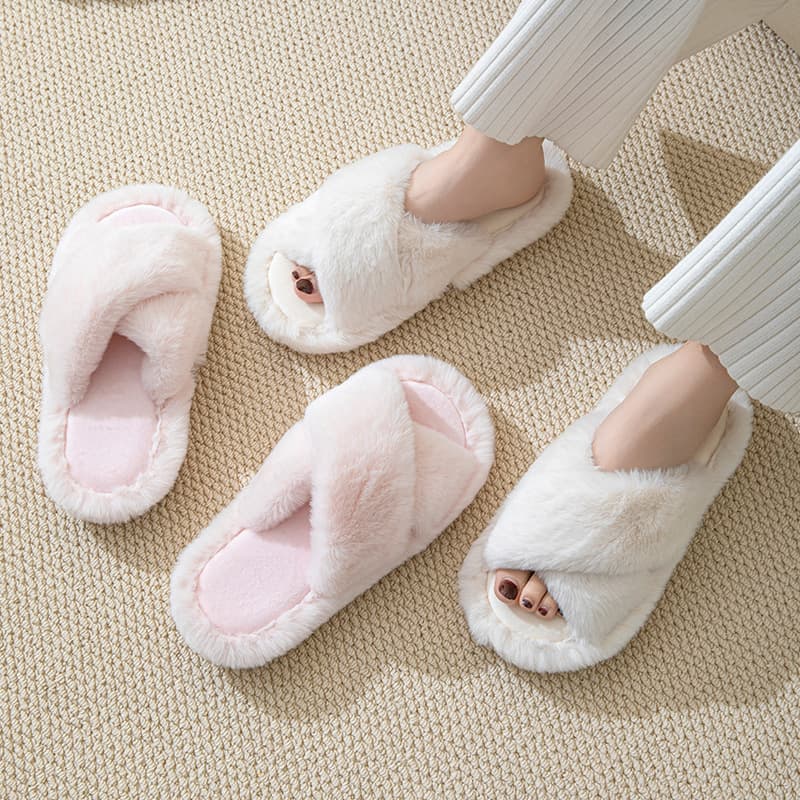 Cross-border Ins Cross-strap Plush Slippers Women Autumn Winter Furry Slippers Casual Home Indoor Cotton Slippers Wholesale